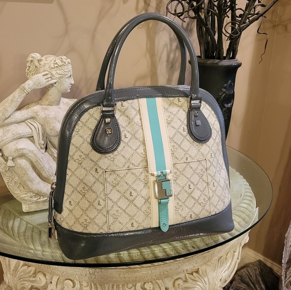L.A.M.B. by Gwen Stefani Kingston Shadow Bowler Bag Leather Blue Stripe #427 - Picture 3 of 17